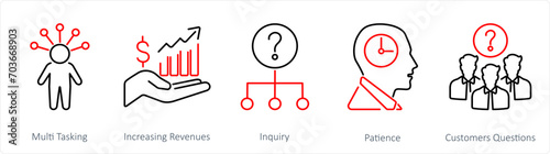 A set of 5 customer service icons as multi tasking, increasing revenues, inquiry
