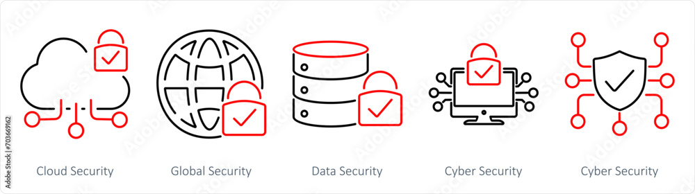A set of 5 Cyber Security icons as cloud security, global security, data security A set of 5 Cyber Security icons as cloud security, global security, data security