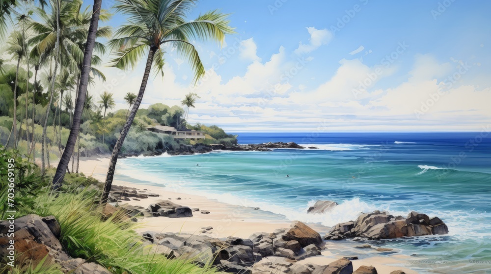 Generative AI A serene beach with palm trees and crystal-clear waters Land Art hyper realistic landscape watercolor Generative AI A serene beach with palm trees and crystal-clear waters Land Art hyper realistic landscape watercolor