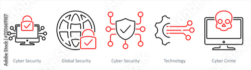 A set of 5 Cyber Security icons as cyber security, global security, technology