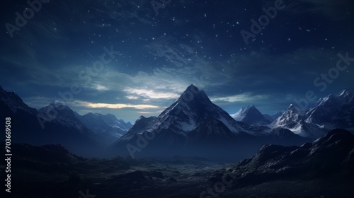 Fotografija Generative AI A starry night sky over a mountain landscape, where celestial bodies illuminate the peaks and valleys in a celestial glow