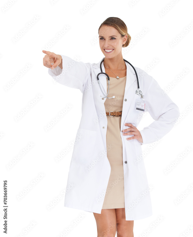 Happy woman, studio or doctor pointing at mockup space isolated on white background with smile. Wellness, advertising or nurse showing medical healthcare information, or advice Happy woman, studio or doctor pointing at mockup space isolated on white background with smile. Wellness, advertising or nurse showing medical healthcare information, or advice