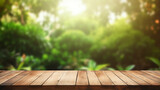 empty wood table with blur montage outdoor garden background
