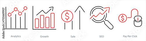 A set of 5 digital marketing icons as analytics, growth, sale