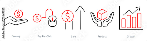 A set of 5 digital marketing icons as earning, pay per click, sale