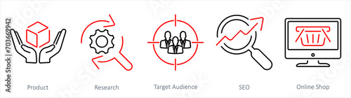 A set of 5 digital marketing icons as product, research, target audience