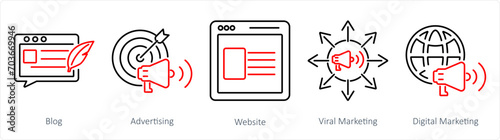 A set of 5 digital marketing icons as blog, advertising, website