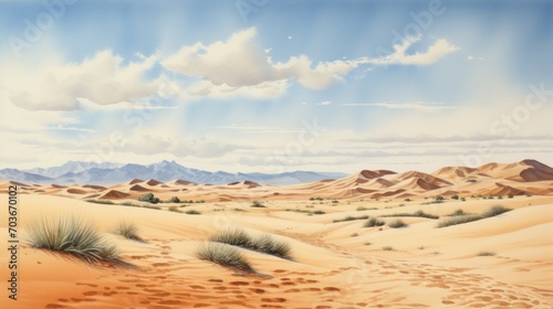 Generative AI A vast desert with sand dunes and a clear horizon. landscape watercolor