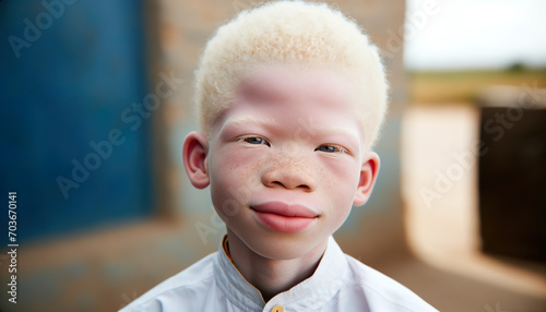 Young African Albino Boy. Some people with albinism in face in Africa face stigmatization and discrimination and harmful practices related to witchcraft accusations and ritual attacks.