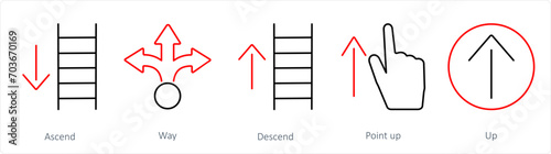 A set of 5 Direction icons as ascend, way, descend
