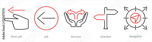 A set of 5 Direction icons as point left, left, decision