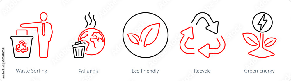 A set of 5 Ecology icons as waste sorting, pollution, eco friendly A set of 5 Ecology icons as waste sorting, pollution, eco friendly