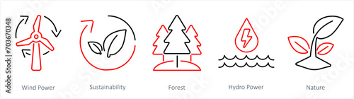 A set of 5 Ecology icons as wind power, sustainability, forest