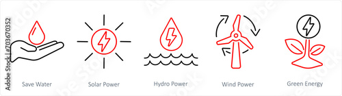 A set of 5 Ecology icons as save water, solar power, hydro power