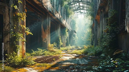 Generative AI Abandoned Chernobyl nuclear power plant, haunting atmosphere, dilapidated structures, overgrown vegetation, eerie photorealistic depiction