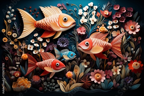 Fish in the aquarium kirigami art with mini flowers