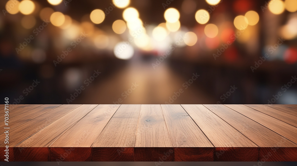 wooden board empty table in front of blurred background with lights