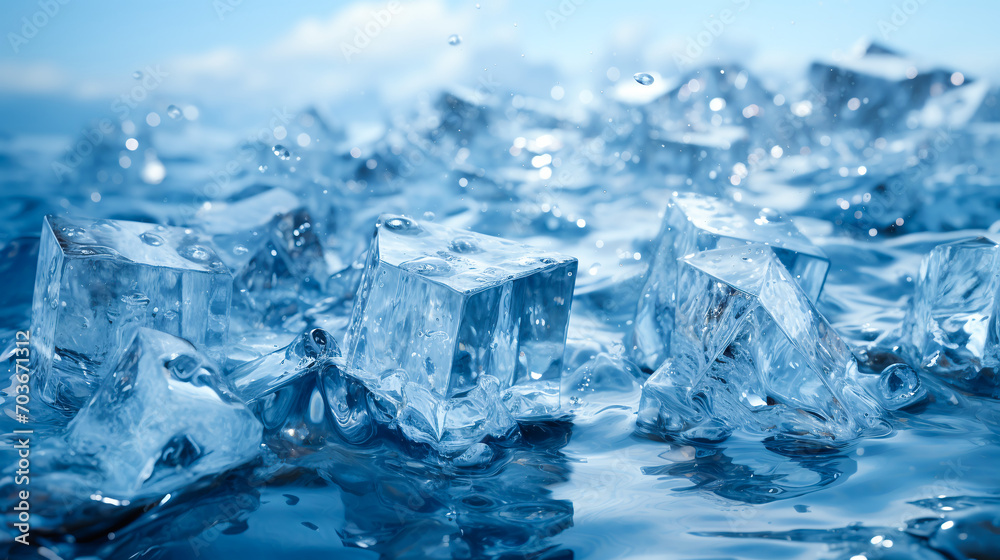 Crystal clear ice cubes floating in blue water, ideal for refreshing drink advertisements and high-definition wallpapers. AI Generative Crystal clear ice cubes floating in blue water, ideal for refreshing drink advertisements and high-definition wallpapers. AI Generative