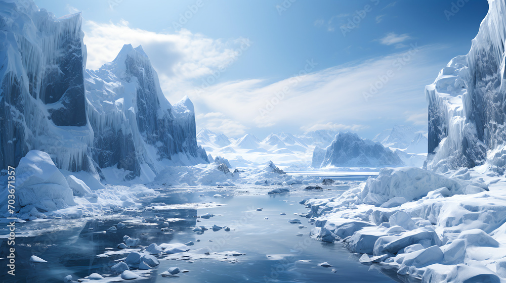 Arctic landscape with melting icebergs and glaciers under clear skies, symbolizing climate change and global warming effects. AI Generative