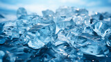 Ice cubes closeup with blue hues, high detail crystal clear ice on water background. AI Generative