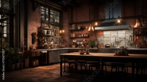 Generative AI An intricately detailed image of a high-end industrial-style kitchen with exposed brick walls and industrial lighting