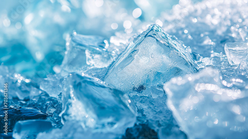 Crystal-clear ice cubes on a cool blue background, perfect for beverage ads, hydration concepts. AI Generative