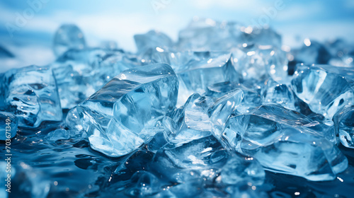 Ice cubes closeup with blue hues  high detail crystal clear ice on water background. AI Generative