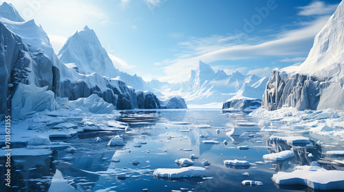 Arctic landscape with icebergs, reflective water, and clear blue skies for travel, nature, and climate themes. AI Generative