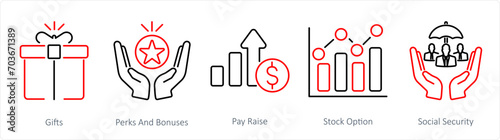 A set of 5 Employee Benefits icons as gifts, perks and bounses, pay raise
