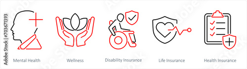 A set of 5 Employee Benefits icons as mental health, wellness, disability insurance