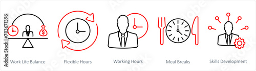 A set of 5 Employee Benefits icons as work life balance, flexible hours, working hours