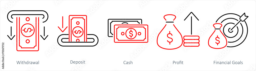 A set of 5 Finance icons as withdrawal, deposit, cash A set of 5 Finance icons as withdrawal, deposit, cash