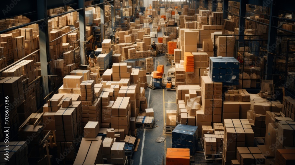 Generative AI filled warehouse, boxes and loading equipment are chaotically located Generative AI filled warehouse, boxes and loading equipment are chaotically located