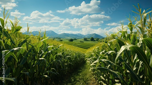 Large corn field, landscape agriculture, sky green field agricultural corn fields, Generative AI