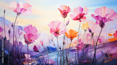 Oil painting of cosmos flowers on canvas. Colorful flower background. photo