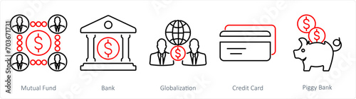 A set of 5 Finance icons as mutual funds, bank, globalization