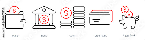 A set of 5 Finance icons as wallet, bank, coins