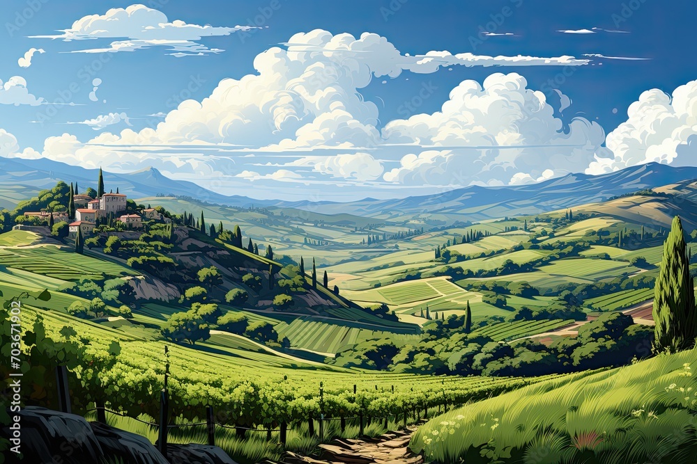 Beautiful landscape of Vineyards in European region in summer season comeliness, Beautiful vineyards with blue sky and old house. Generative AI
