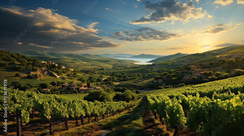 Naklejka premium Beautiful landscape of Vineyards in European region in summer season comeliness, Beautiful vineyards with blue sky and old house. Generative AI