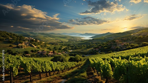 Beautiful landscape of Vineyards in European region in summer season comeliness  Beautiful vineyards with blue sky and old house. Generative AI