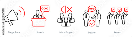 A set of 5 Freedom of Speech icons as megaphone, speech, mute people