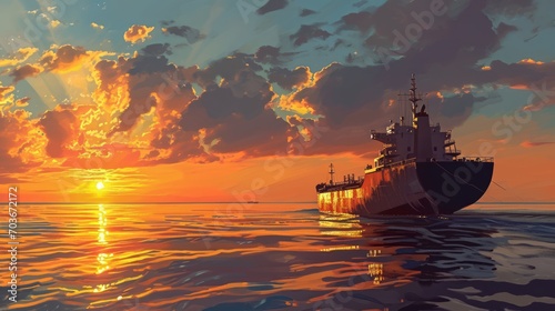 Generative AI Cargo ship sailing at sunset, golden hour glow, serene sea, majestic atmosphere, detailed linework, realistic depiction