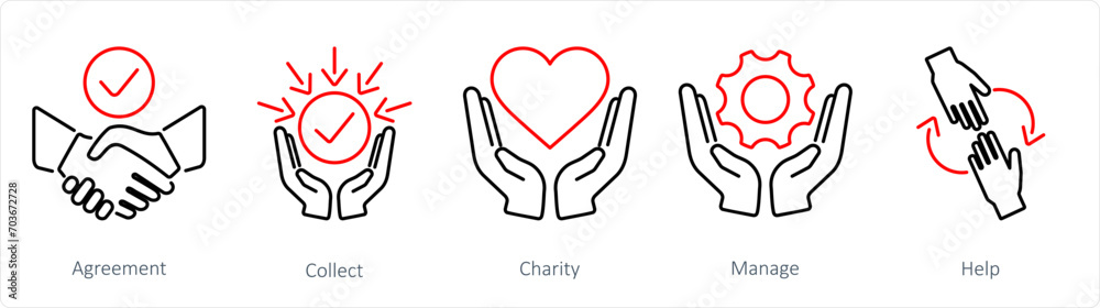 A set of 5 Hands icons as agreement, collect, charity A set of 5 Hands icons as agreement, collect, charity