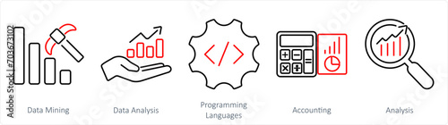A set of 5 Hard Skills icons as data mining, data analysis, programming languages