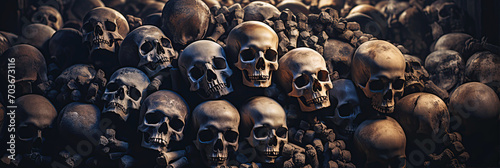 pile of death human skulls and bones of dead in ancient crypt grave burial. Skeletons in a dark scary catacombs dungeon photo
