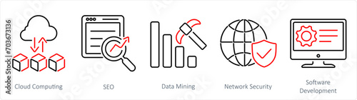 A set of 5 Hard Skills icons as cloud computing, seo, data mining photo