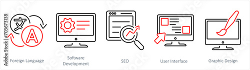 A set of 5 Hard Skills icons as foreign language, software development, seo