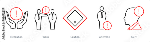 A set of 5 Hazard Danger icons as precaution, warn, caution