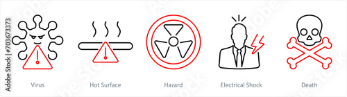 A set of 5 Hazard Danger icons as virus, hot surface, hazard