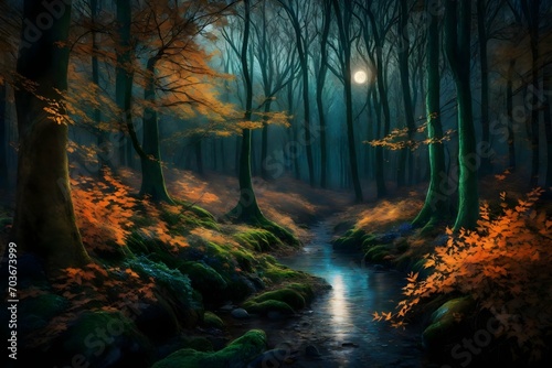 A moonlit forest where every tree is adorned with glowing, luminescent leaves, casting a magical aura. Creatures of fantasy roam freely under the ethereal glow.